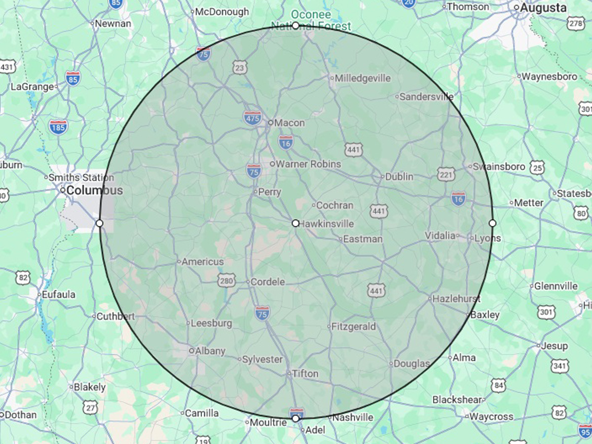 Ocmulgee Southern Wash 75-mile residential service area map centered on Hawkinsville, Georgia